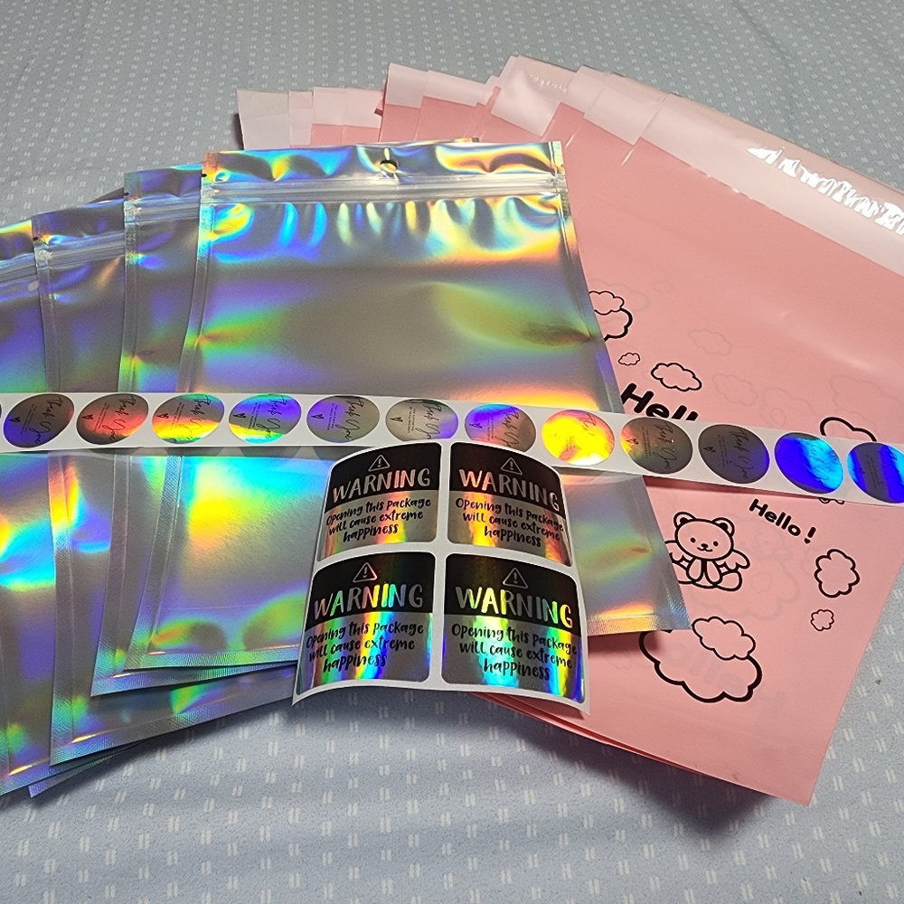 12 Pink Bags+5 Holographic Bags+35 sticker thank you+4 Stickers Warning